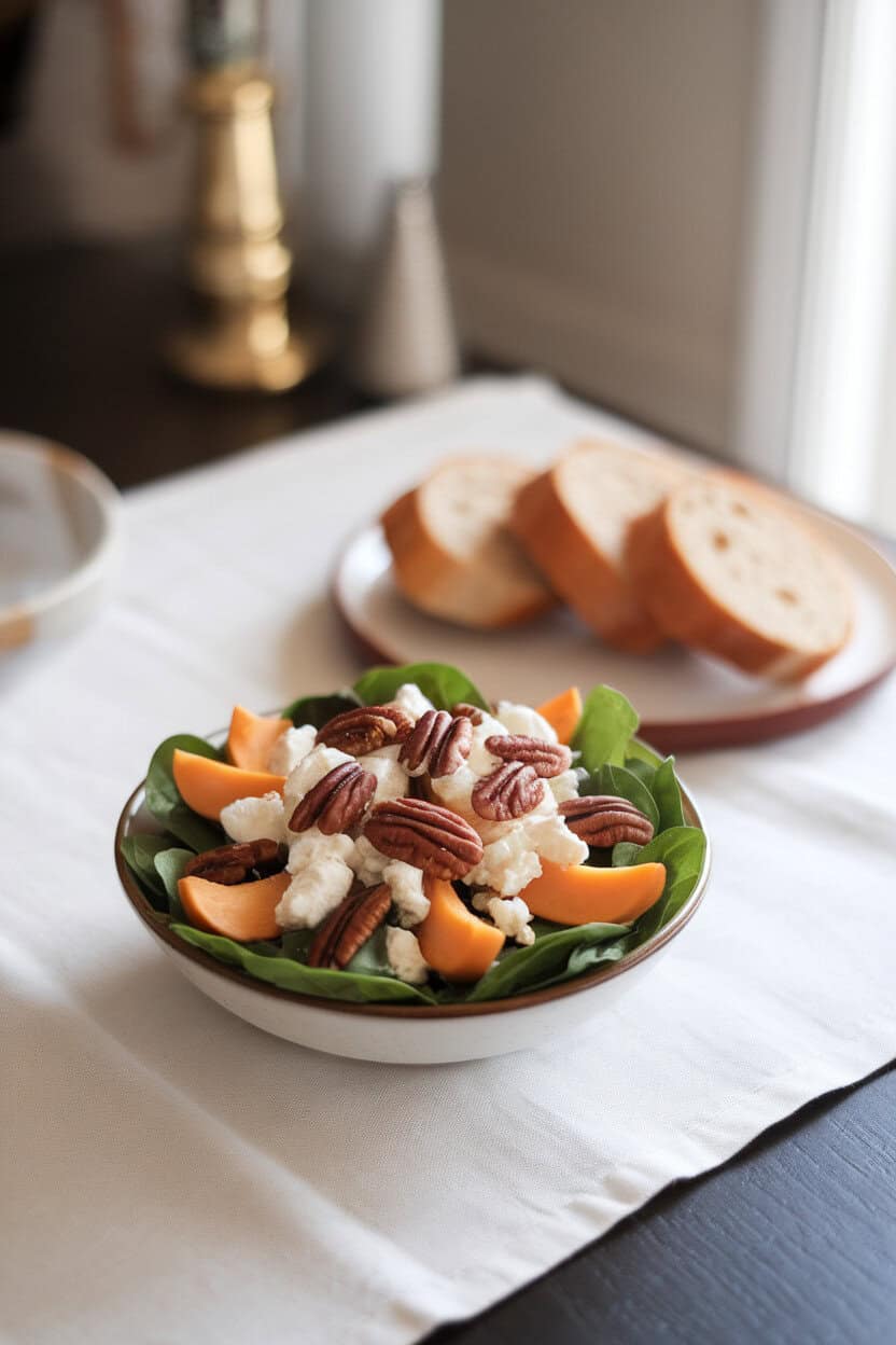 Indoor dining table featuring a bowl of baby spinach topped with fuyu persimmon wedges, goat cheese crumbles, and candied pecans. No text or logos. Photo.