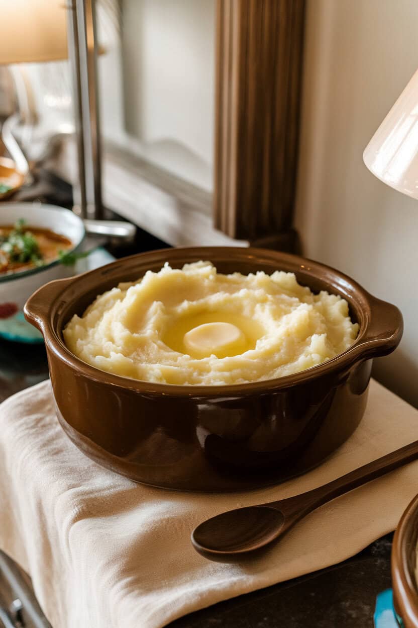 A crock-style bowl on an indoor buffet, filled with fluffy mashed potatoes and a pool of melted butter in the center. No text or logos.