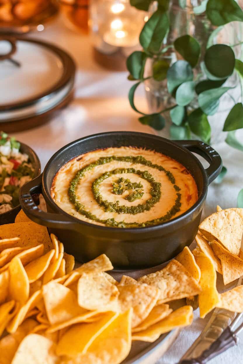 An indoor game-day spread with a black mini Dutch oven of bubbling cheese dip swirled with green salsa, tortilla chips nearby. No text or logos in scene.