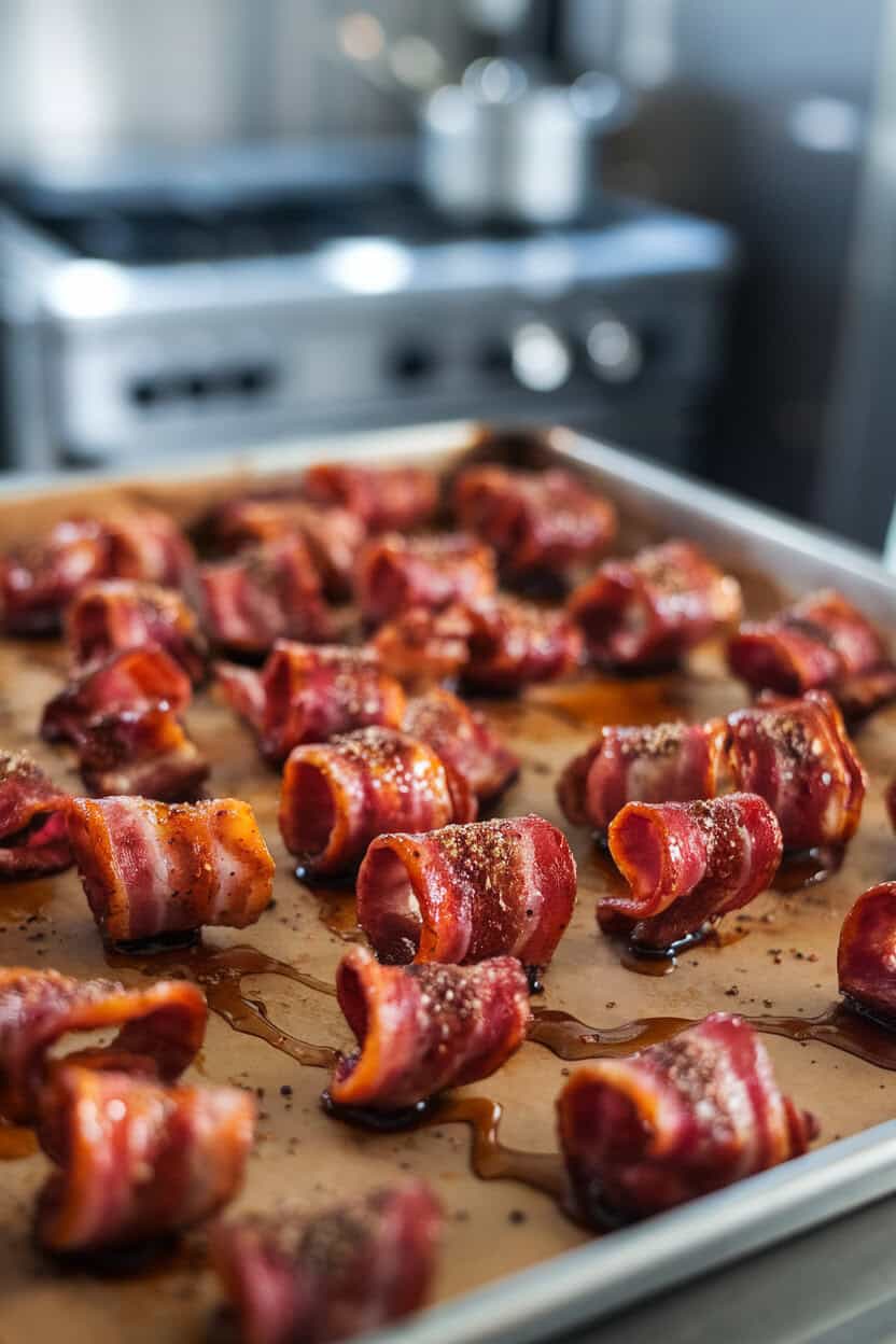 An indoor baking sheet lined with crispy bacon twists glazed in maple syrup and cracked black pepper—photo, no text or logos