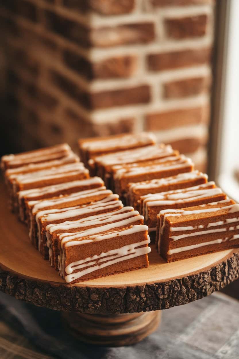 Rectangular bars of spiced German lebkuchen topped with thin lemon glaze, arranged on an indoor wooden platter. No text or logos. Photo, not illustration.