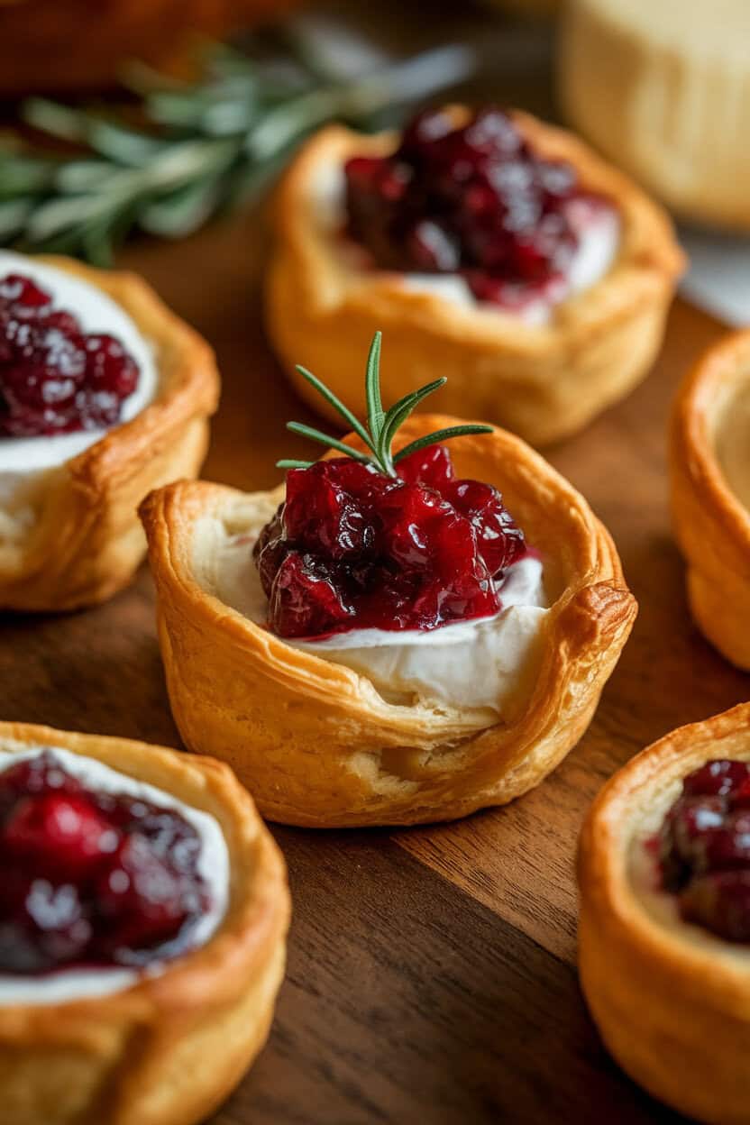 A warmly lit indoor tabletop photo of golden puff-pastry cups filled with gooey brie and jewel-like cranberry sauce, garnished with a tiny sprig of rosemary. No text or logos anywhere in the scene.