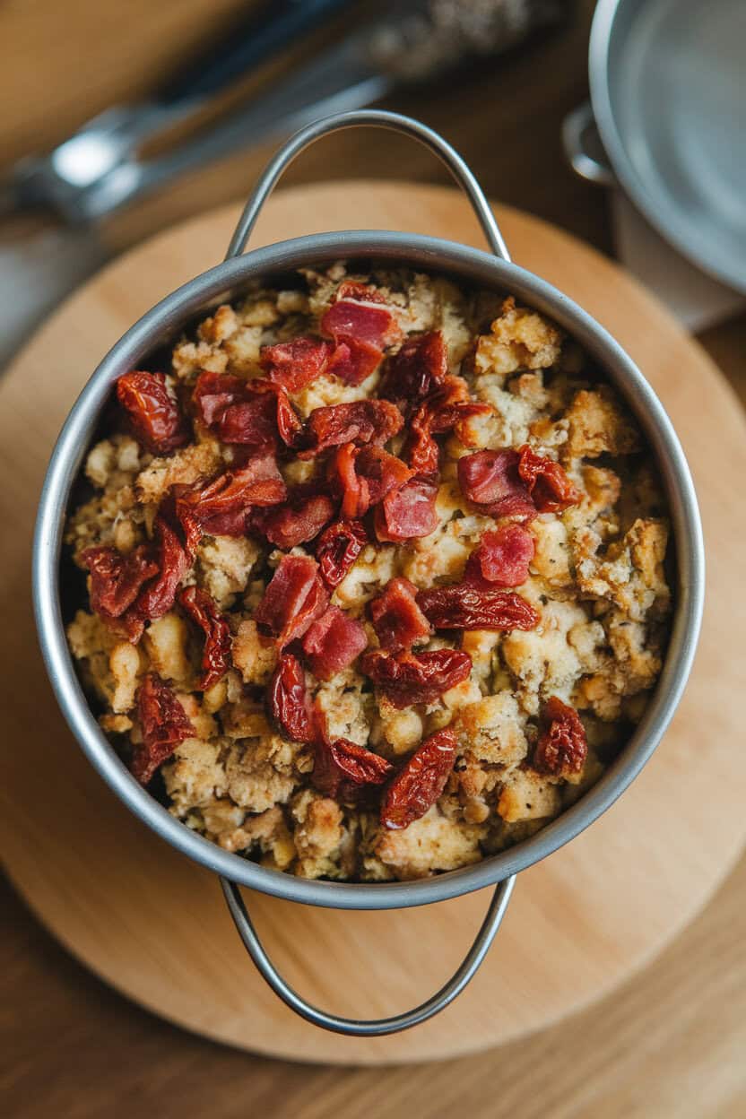 A small roasting pan indoors filled with stuffing showcasing crispy pancetta bits and chopped sun-dried tomatoes, photographed overhead. No text or logos; photo, not illustration.