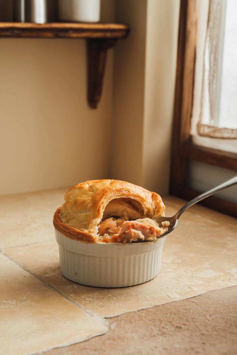 A rustic indoor kitchen scene with an individual chicken pot pie in a ramekin, golden puff pastry domed on top, a spoon breaking the crust; no text or logos; photo