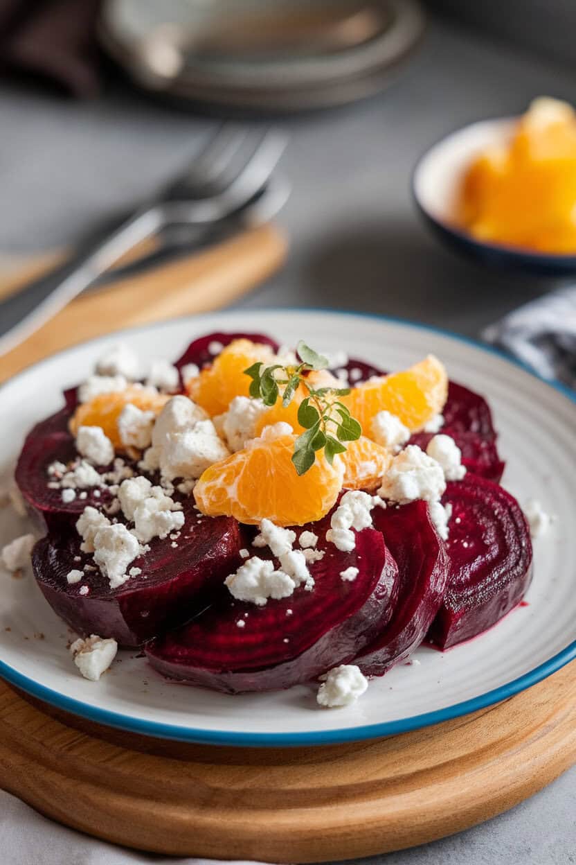Indoor plate of sliced roasted beets topped with crumbled feta and orange segments, light herb garnish. No text or logos. Photo only.