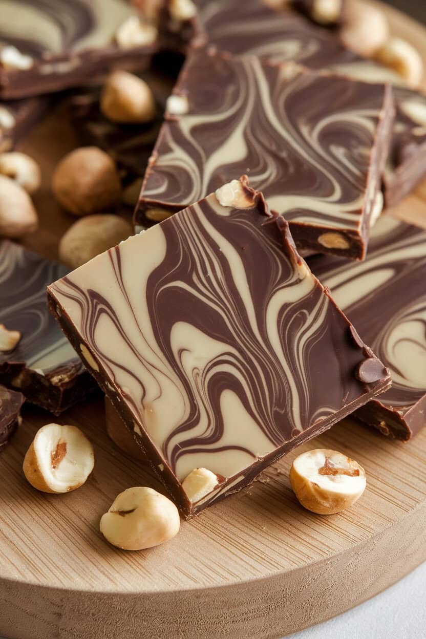 Indoor close-up of cracker toffee featuring marbled dark chocolate and Nutella swirls, hazelnut pieces scattered around. No text or logos.