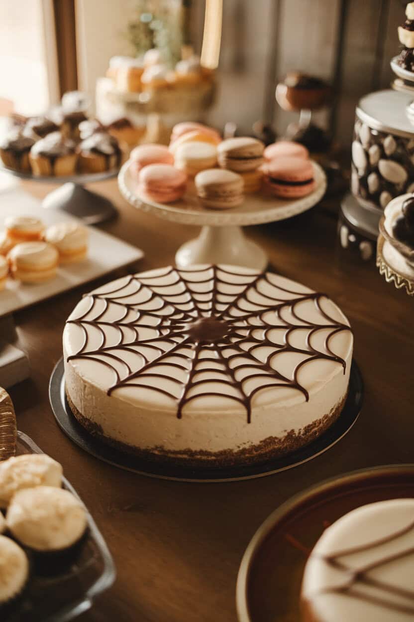 An indoor dessert table featuring a classic cheesecake with glossy chocolate ganache spiderweb design on top, set against a dark plate. No text or logos.