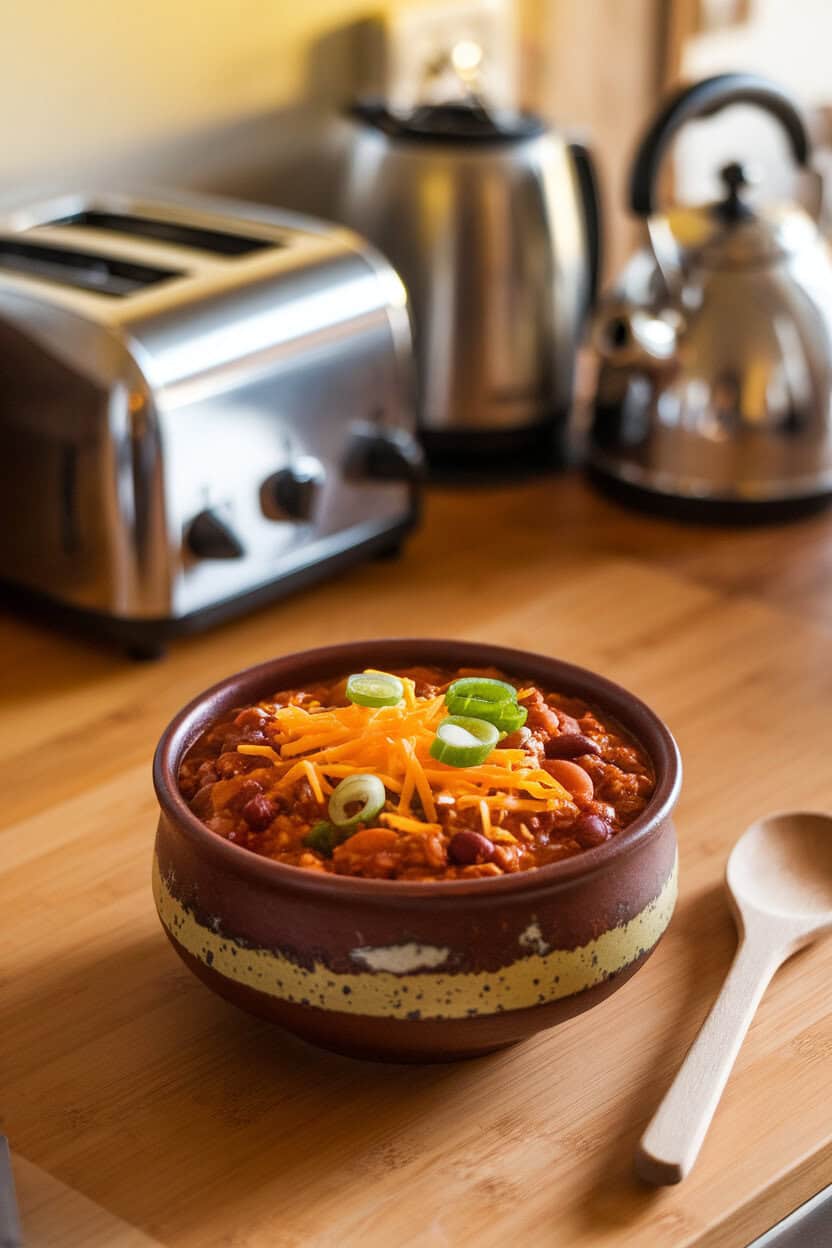 Indoor kitchen counter with a ceramic bowl of thick bean-and-vegetable chili topped with shredded cheese and sliced green onions. No text or logos in scene.