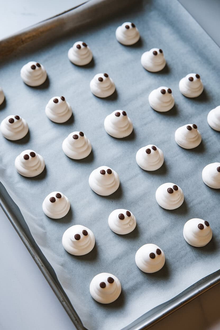 An indoor baking sheet lined with parchment displaying small white meringue “ghosts” with two mini chocolate chip eyes on each. Soft overhead light, no text or logos. Photo only.
