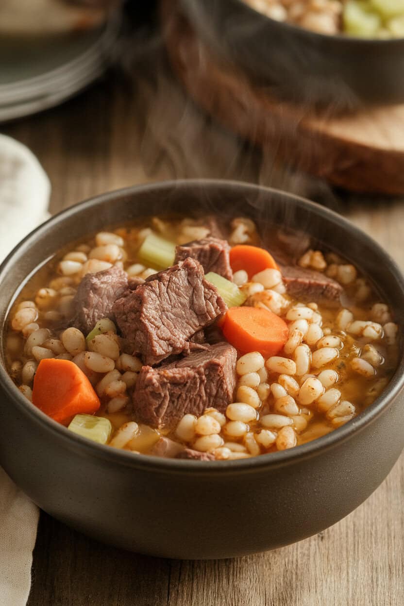 Indoor photo of a deep bowl displaying beef barley soup—tender beef cubes, pearl barley, carrots, and celery in rich brown broth. Steam visible, no text or logos