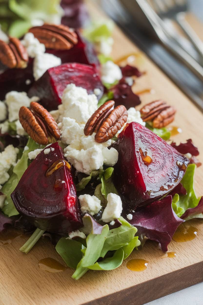 An indoor tabletop scene with vibrant roasted beet wedges, crumbled goat cheese, and glossy candied pecans on mixed greens, drizzled with vinaigrette. No text or logos.