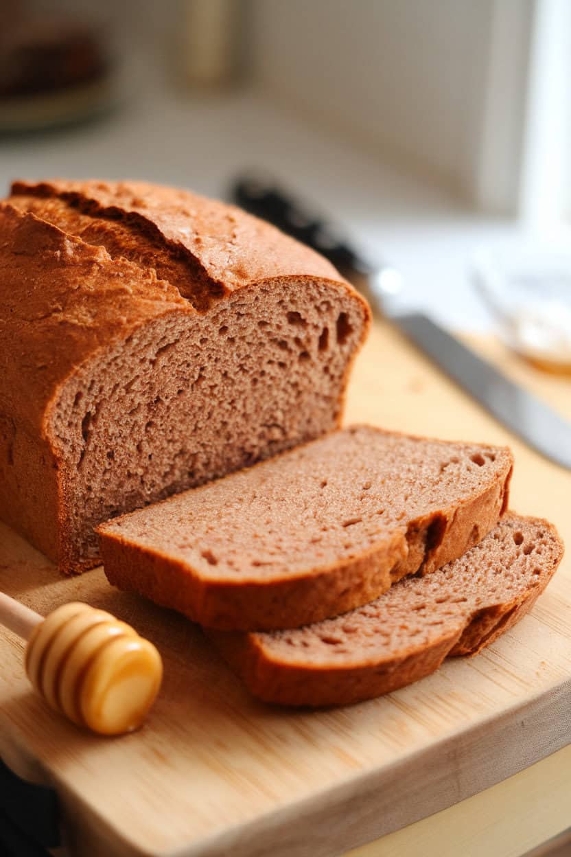Indoor photo of a sliced honey whole wheat loaf on a wooden cutting board with a honey dipper beside it, soft window light highlighting the nutty interior. No text or logos visible.