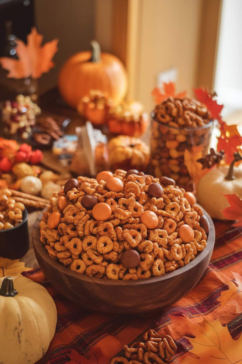 A cozy indoor snack table with a large wooden bowl of cereal-pretzel mix coated in pumpkin-spice glaze and dotted with candy-coated chocolates. Warm lighting; no text or logos.