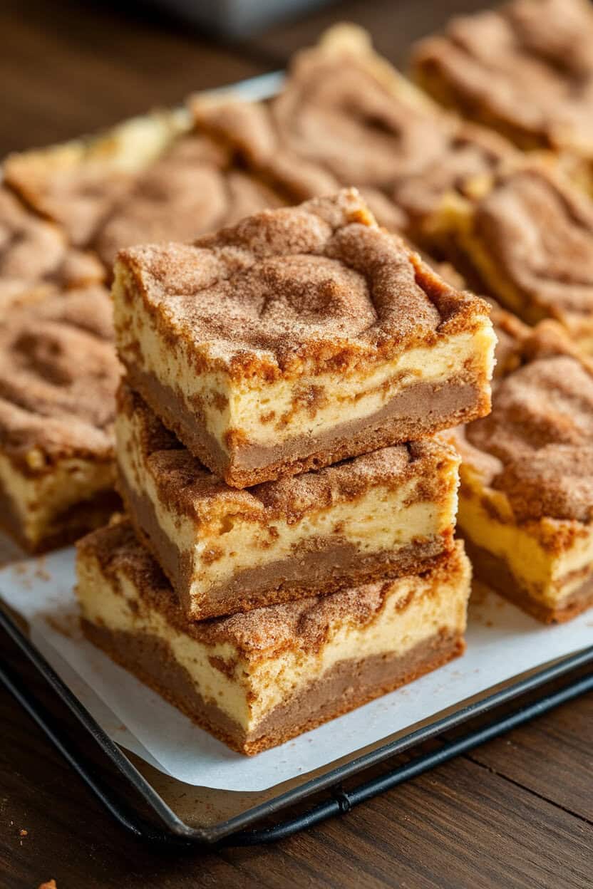 An indoor dessert tray stacked with square snickerdoodle blondies, cinnamon sugar visibly crusted on top. No text or logos. Photo, not an illustration.
