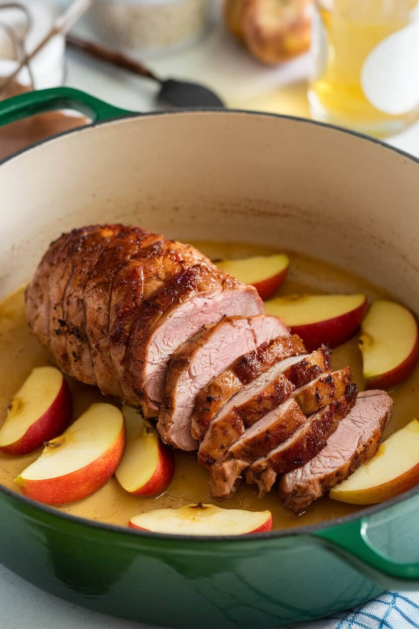An indoor Dutch oven showing sliced pork tenderloin nestled among caramelized apple wedges and a light cider sauce. No text or logos present.