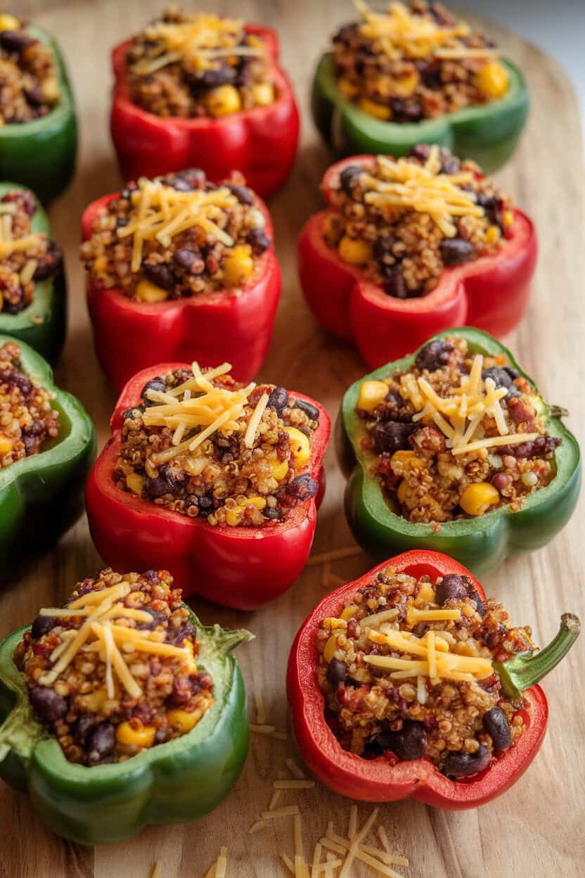 Indoor photo of red and green bell peppers filled with quinoa, black beans, and corn, baked until tender. No text or logos.