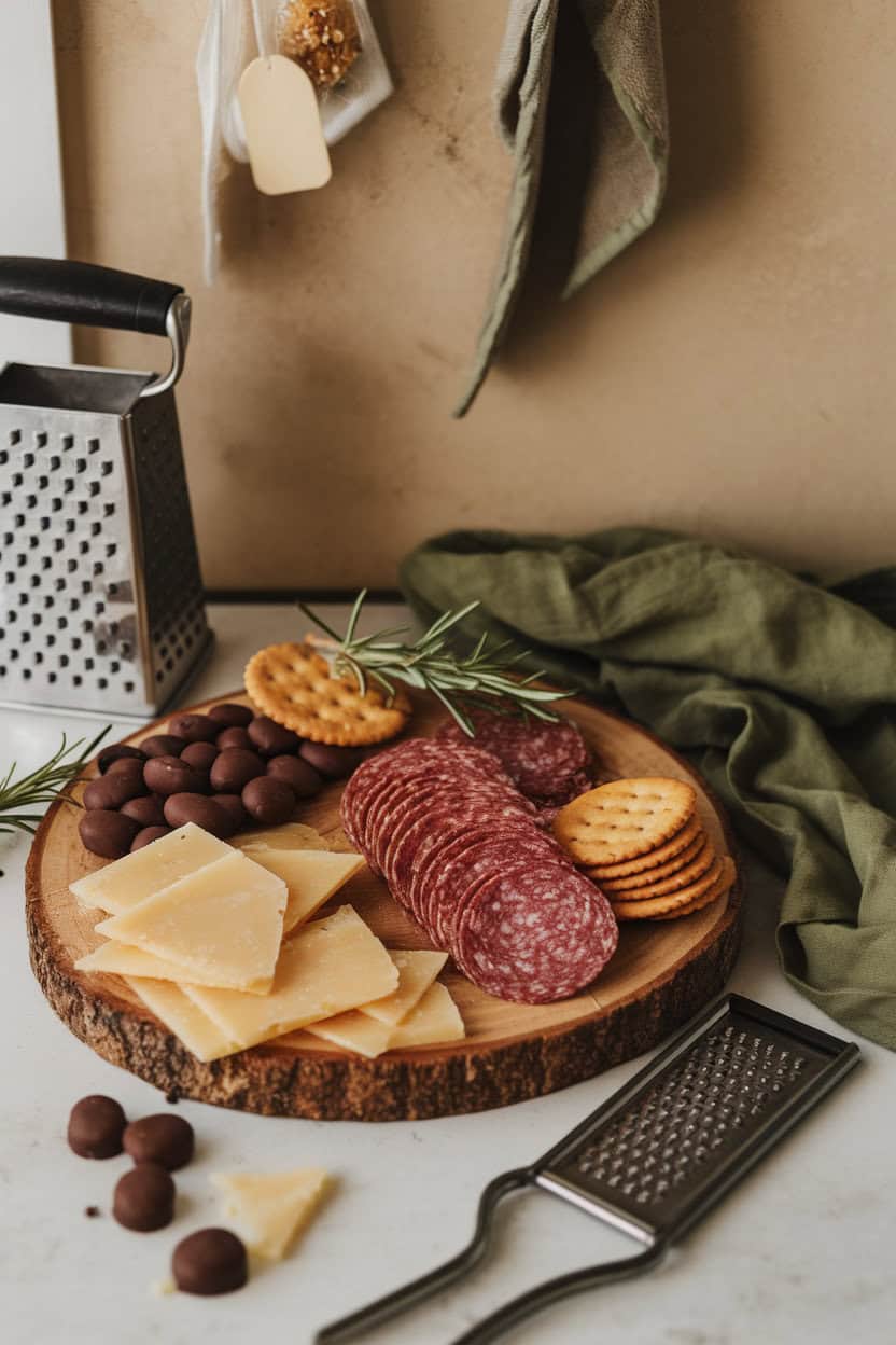 Cozy indoor photo of espresso-rubbed salami slices, aged Parmesan shards, chocolate-covered espresso beans, and rosemary crackers. No text or logos.