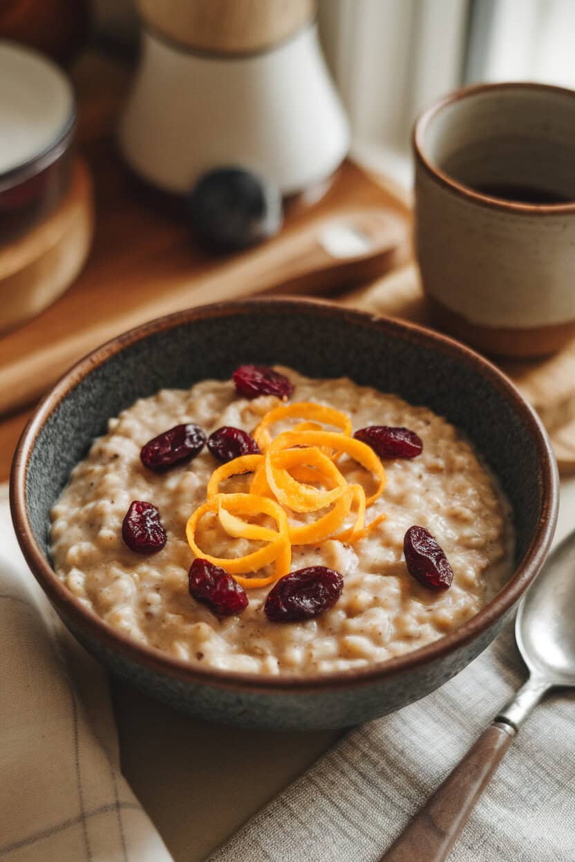 Indoor breakfast nook with a rustic bowl of creamy oatmeal studded with dried cranberries and fresh orange zest curls, maple syrup drizzled on top. Photo only, no text or logos.