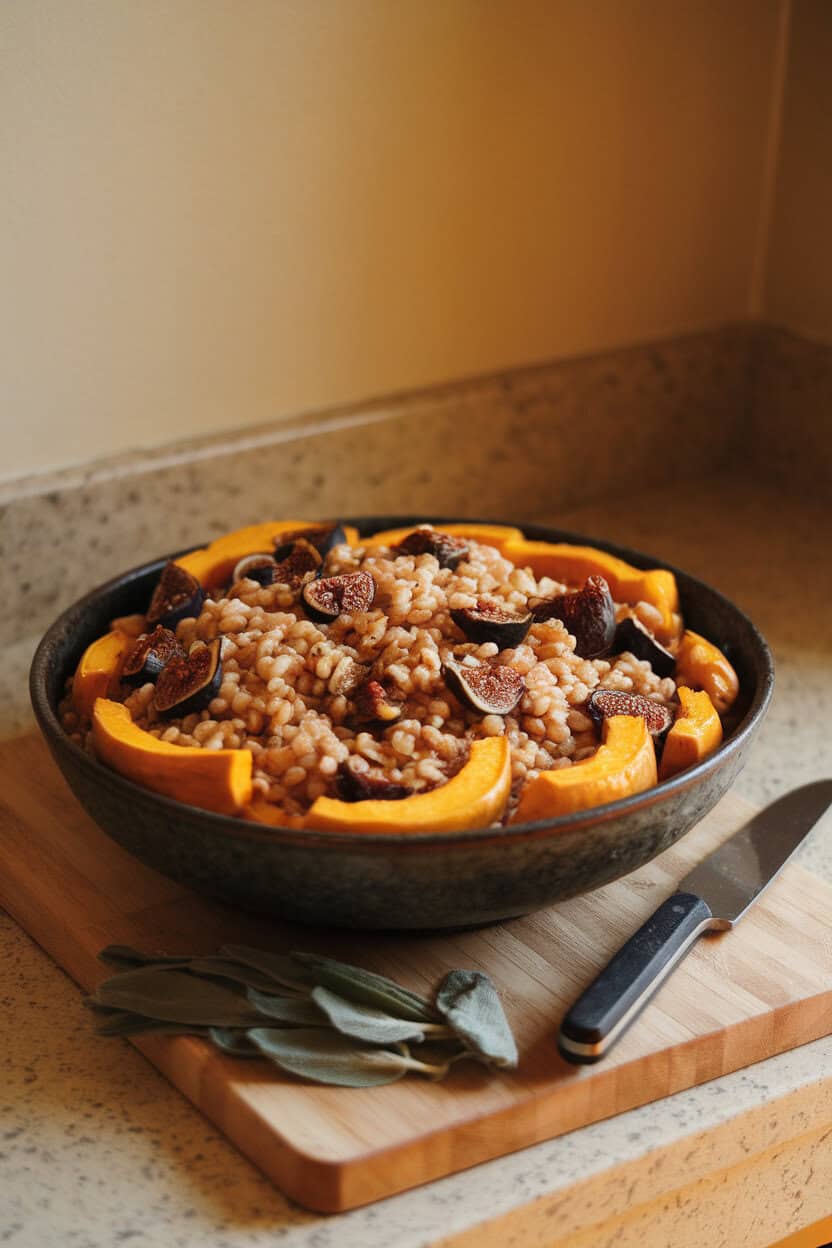 A warmly lit indoor countertop with a large serving bowl of cooked farro, crescent-shaped roasted delicata squash, dried figs, and sage, lightly dressed. No text or logos; photo, not illustration.