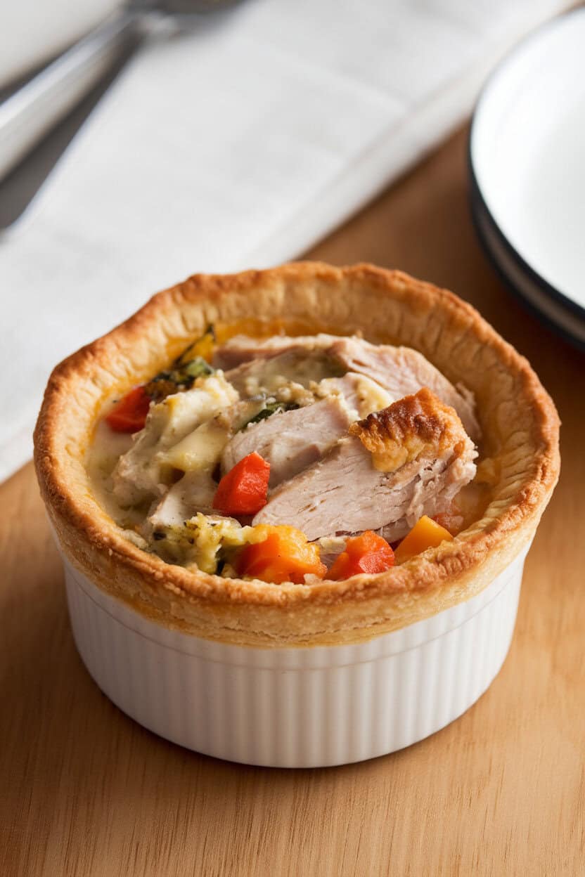 Individual ramekin of golden-crusted turkey pot pie on a wooden table indoors, flaky pastry broken open to show creamy filling, no text or logos.