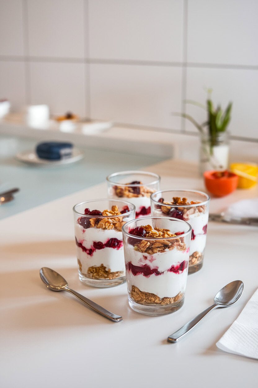 Indoor breakfast bar with clear glasses layered with Greek yogurt, cranberry compote, and toasted almond granola, small spoons resting beside each glass. No text or logos. Photo, not illustration.