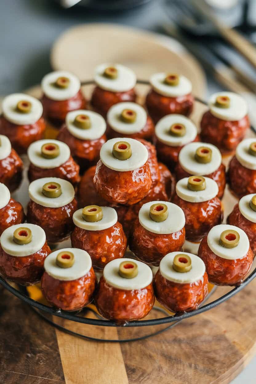 An indoor serving platter piled with glazed cocktail meatballs, each crowned with a slice of mozzarella and a green olive stuffed with pimento to mimic staring eyes. No logos or text.