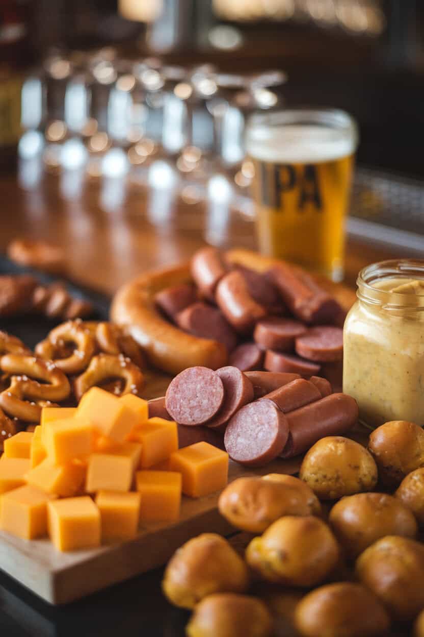Photo indoors on a bar counter: cheddar cubes, brats cut into coins, pretzel bites, mustard dip, and IPA glasses slightly blurred in background, warm pub lighting, no logos.