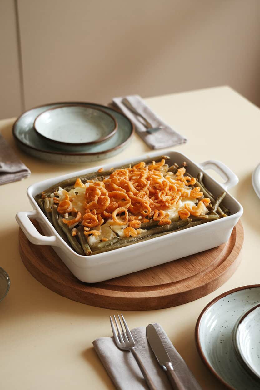 An indoor dining table with a white baking dish of green bean casserole topped with golden fried shallots; no text or logos. Photo.