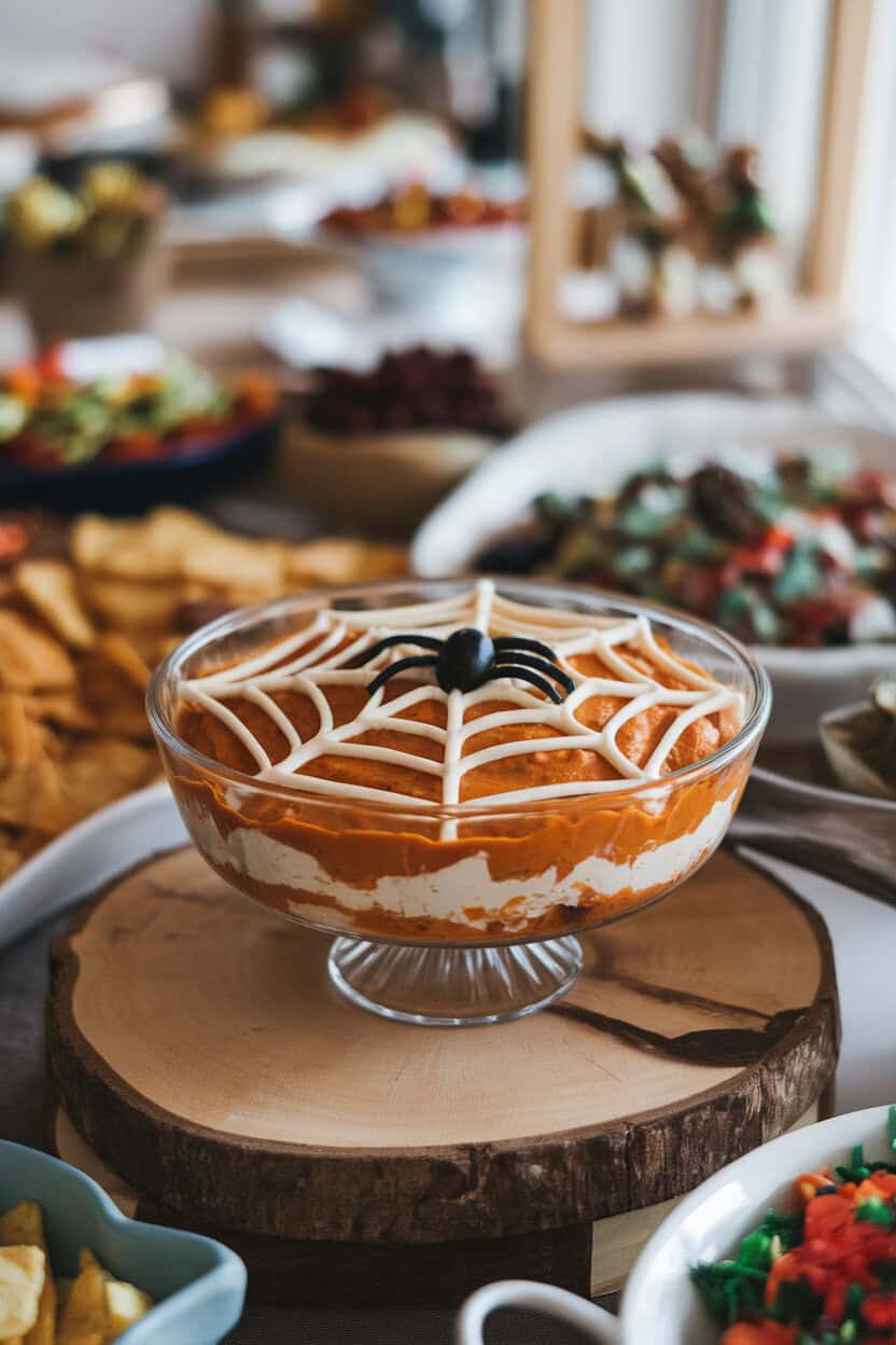 A glass pie dish on a cozy indoor buffet containing layered taco dip topped with a sour-cream spider web and a black olive spider perched in the center. No logos or text, photo only.