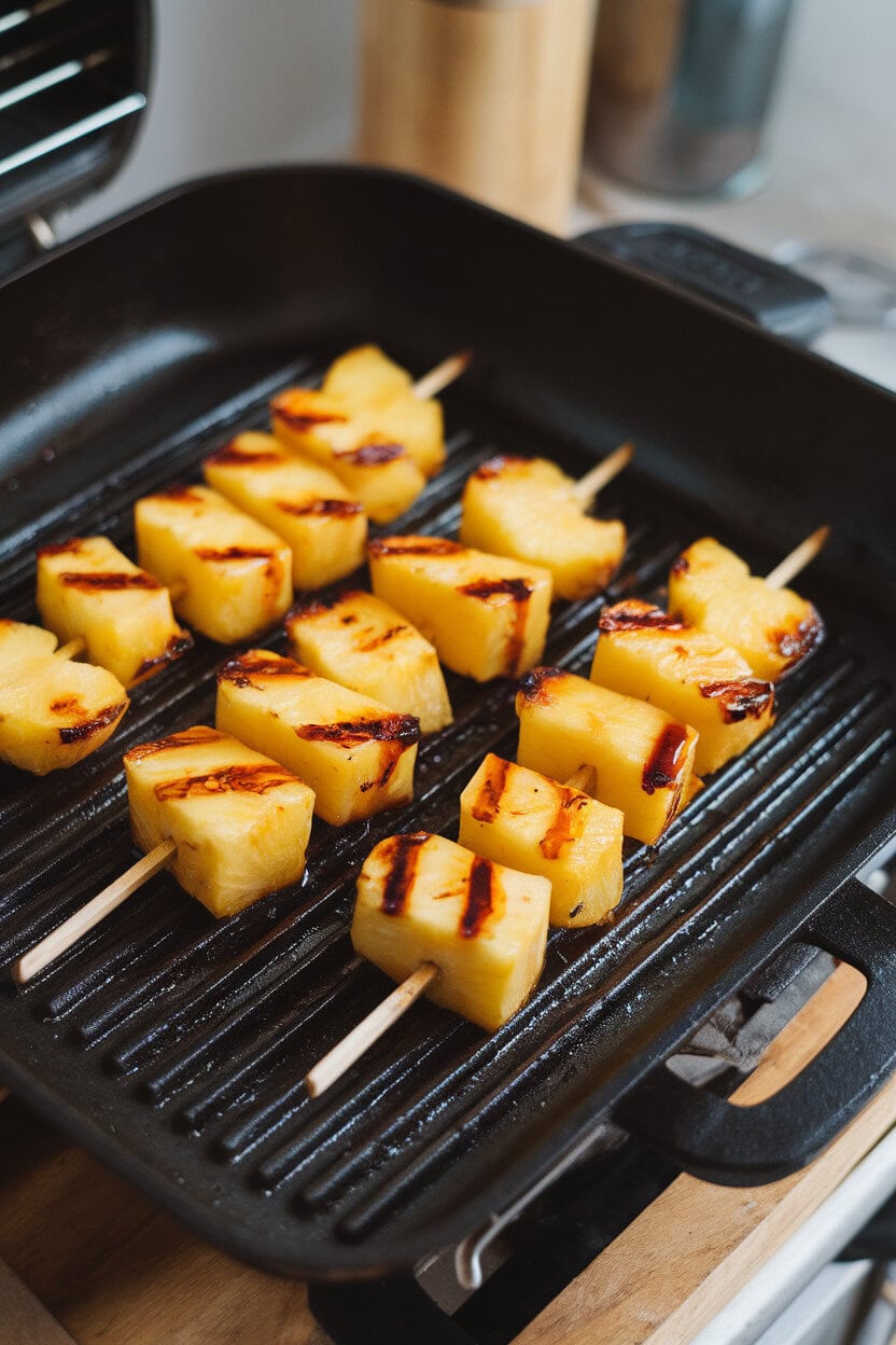 Photo prompt: Indoor grill pan scene showing caramelized pineapple chunks on wooden skewers brushed with rum glaze, no text or logos.