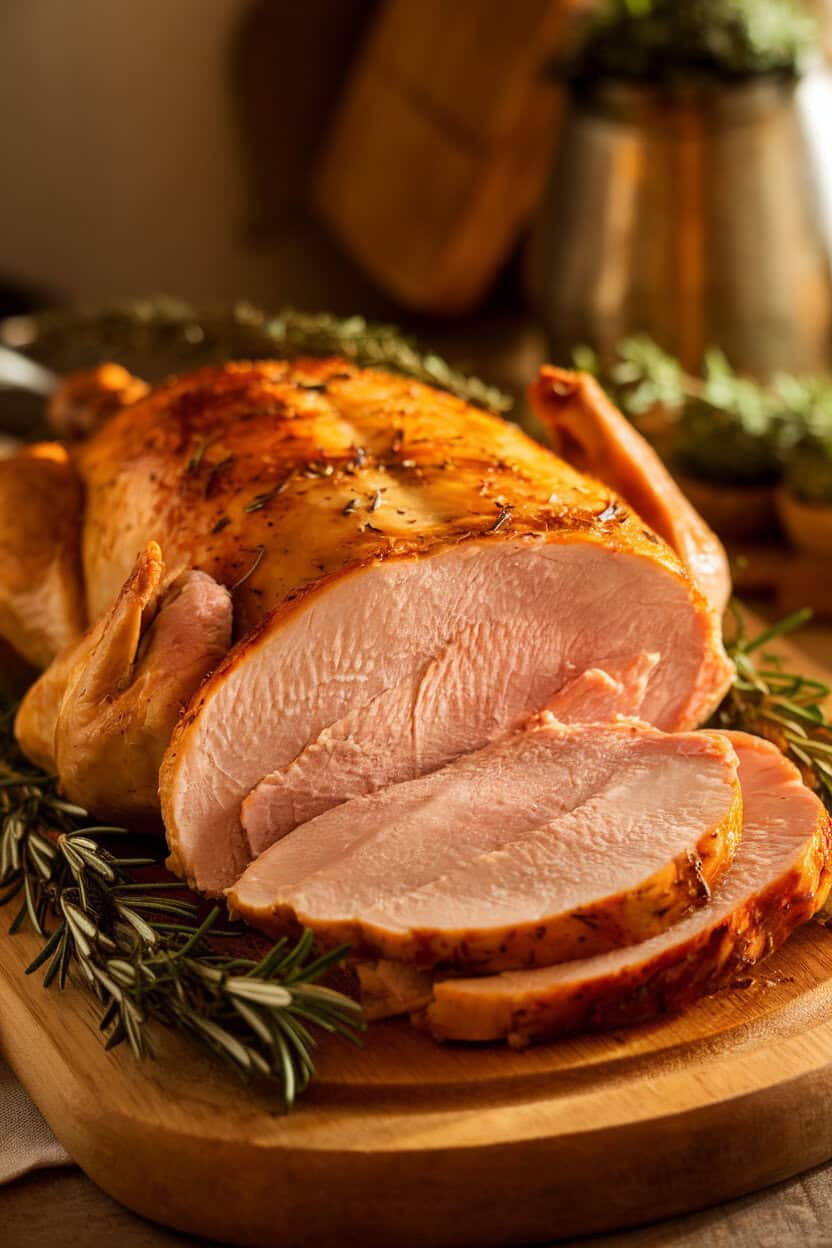 Indoor photo of a sliced, golden-skinned roast turkey breast on a wooden carving board, fresh herbs scattered around, warm light highlighting juicy meat. No text or logos.