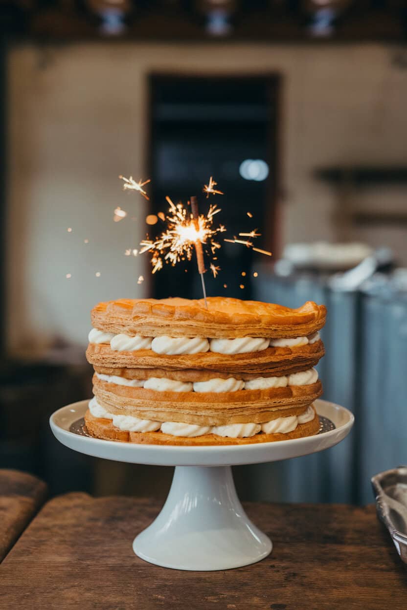 Photo prompt: Indoor cake stand with stacked puff pastry layers, pastry cream, and a lit sparkler mounted on top, no text or logos visible.