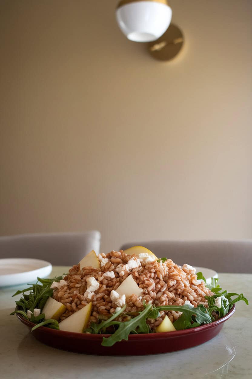 An indoor dining table displaying a deep dish of cooked farro combined with diced pear, crumbled Gorgonzola, and arugula, balsamic vinaigrette pooled lightly. No logos. Photo.