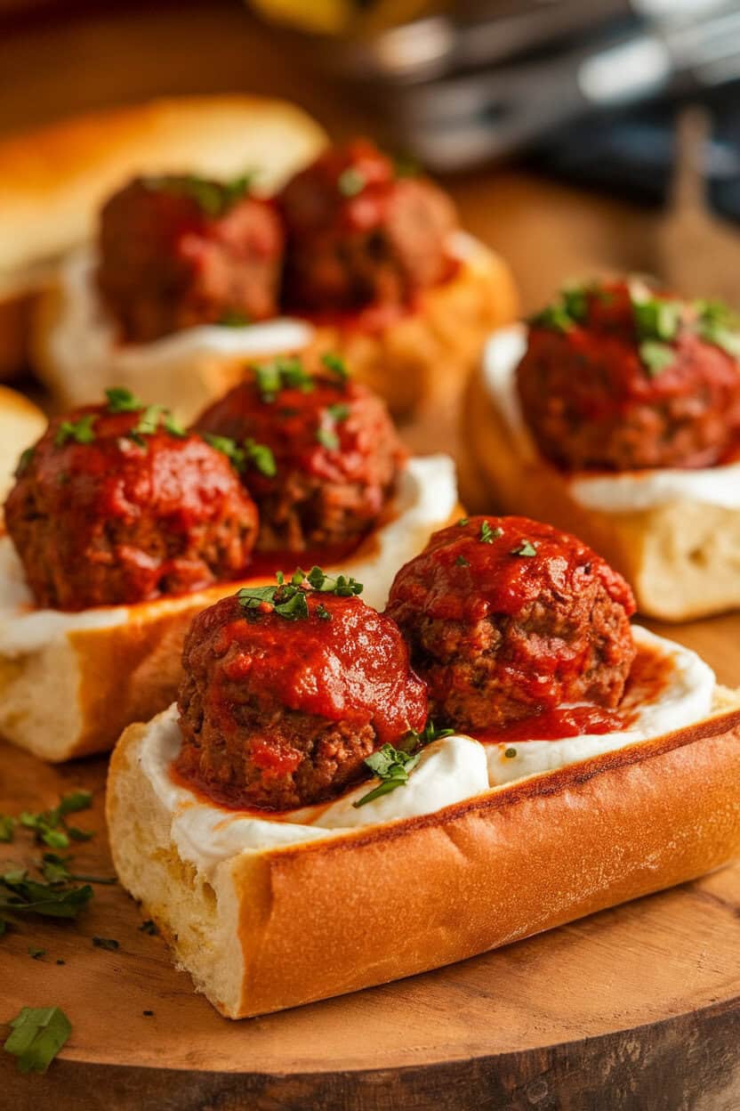 Indoor photo of toasted sub rolls overflowing with saucy beef meatballs and melted mozzarella, served on a wooden board. No text or logos visible.