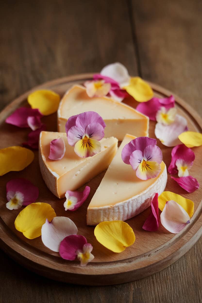 Indoor macro photo of a handful of colorful pansy petals scattered around cheese wedges on a wooden board, soft diffused light. No text or logos.