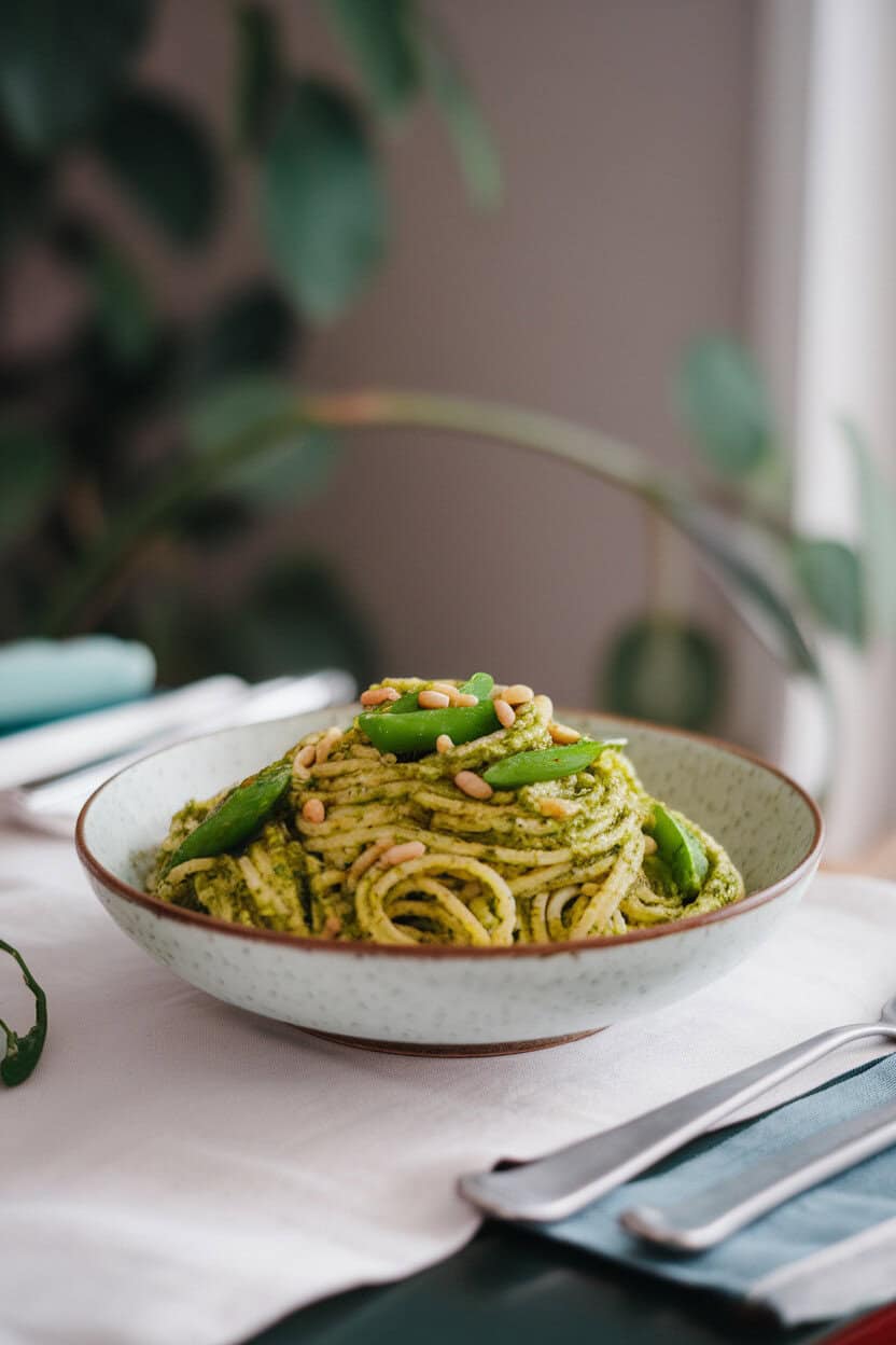 A bowl on an indoor table filled with pasta coated in bright green pesto, dotted with snap peas and pine nuts. No text or logos visible.