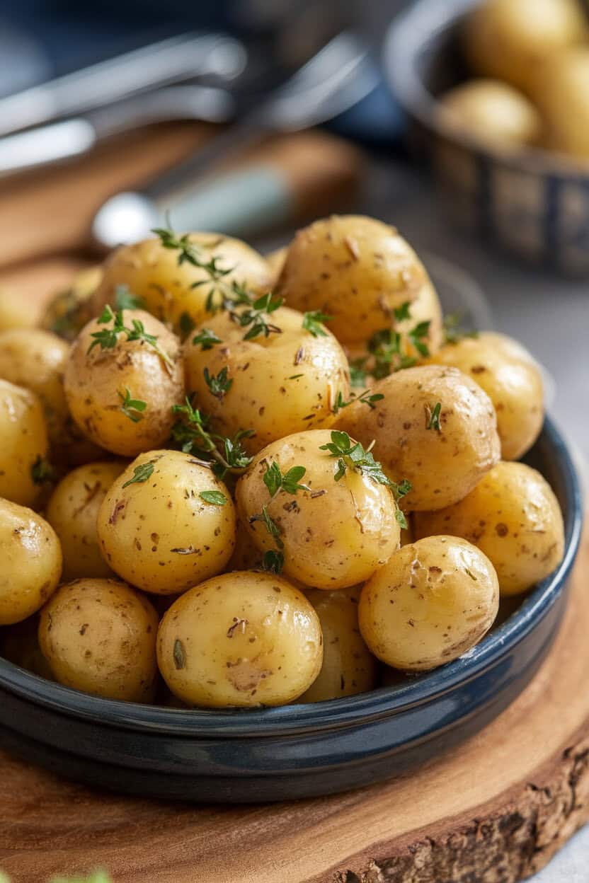 An indoor serving dish piled high with bite-size baby potatoes glistening in melted herb butter, specks of parsley and thyme visible. No text or logos. Photo.</Prompt
