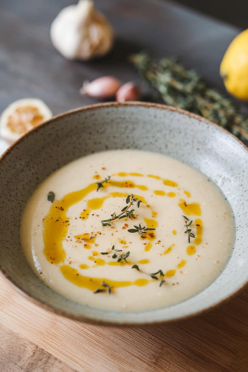 Indoor shot of off-white soup in a shallow bowl, drizzled with garlic-infused oil and sprinkled with thyme leaves. No text or logos