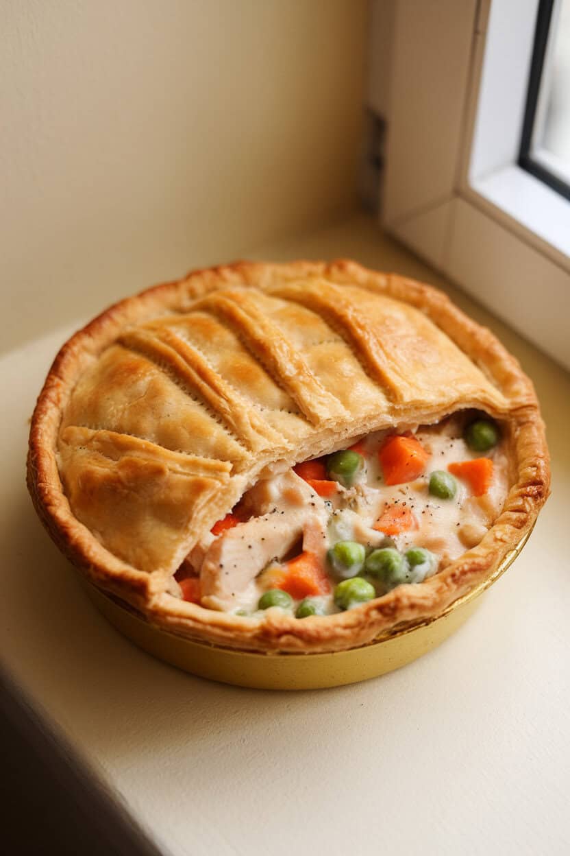 A golden chicken pot pie on an indoor windowsill, flaky pastry pierced to reveal creamy chicken and vegetable filling beneath. No text or logos. Photo, not illustration.