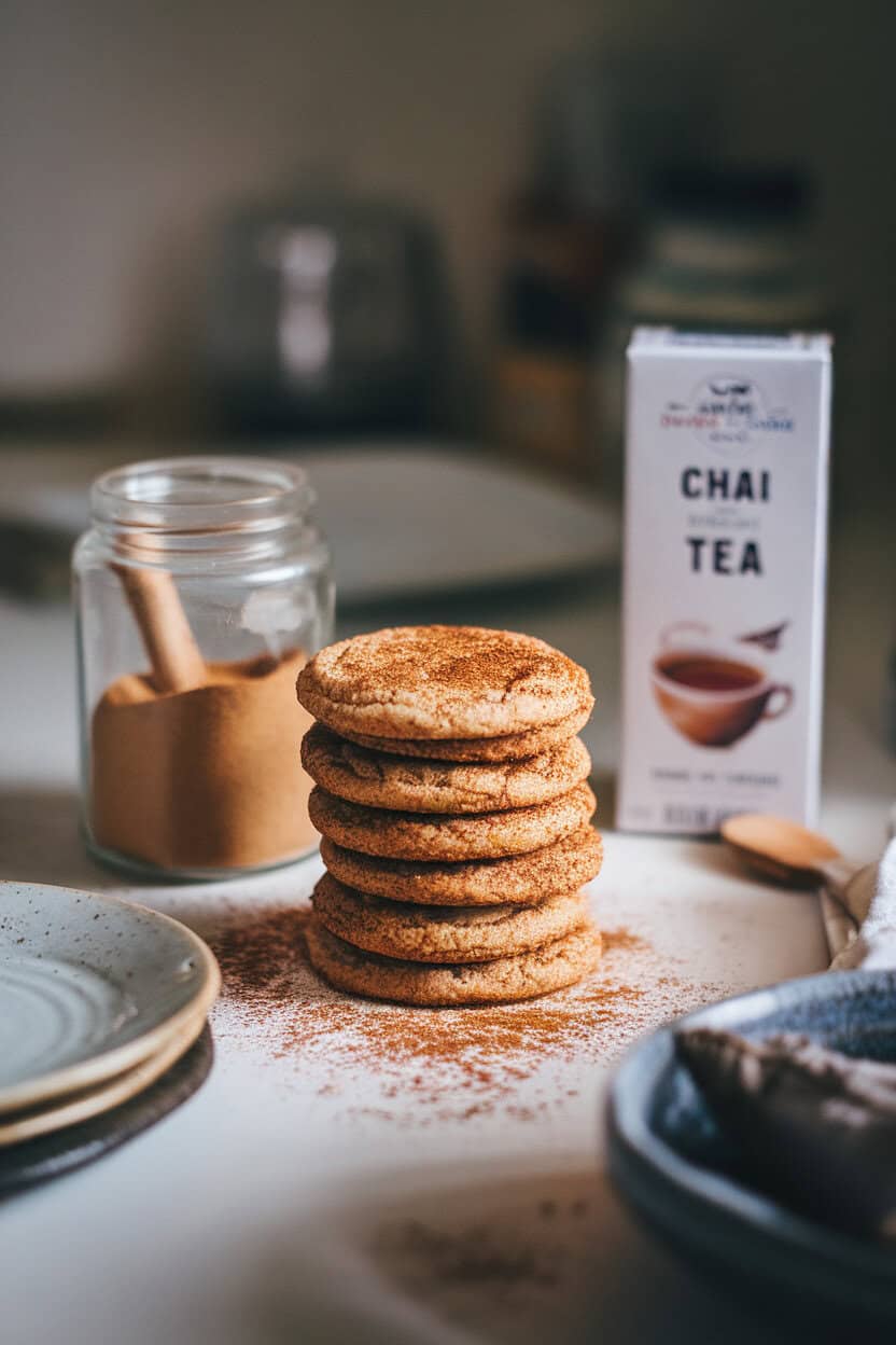 Softly lit countertop holding a stack of chai-spiced sugar cookies dusted with cinnamon sugar, chai tea bags casually placed off to one side—no brand names visible.