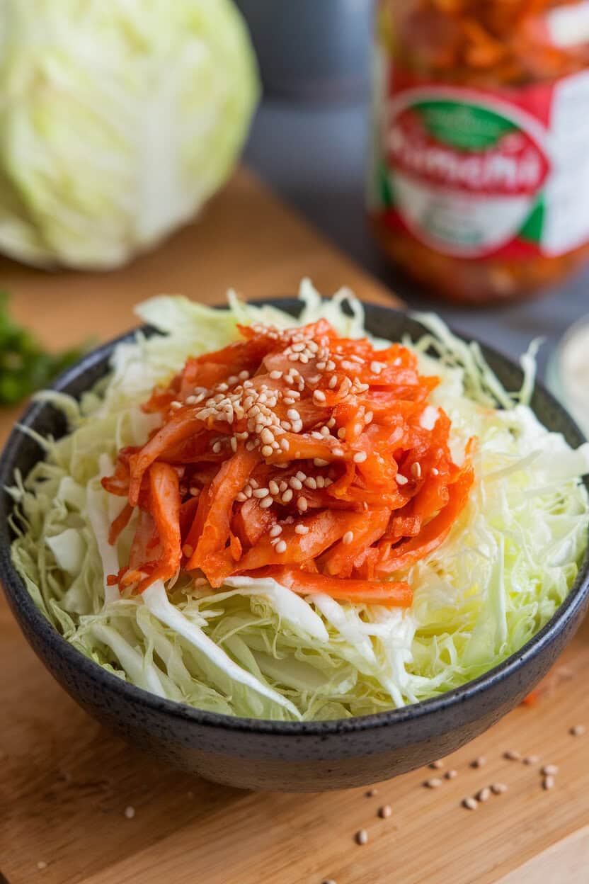 Indoor bowl of shredded napa cabbage mixed with finely chopped kimchi, sprinkled with sesame seeds. No logos or text. Photo only.
