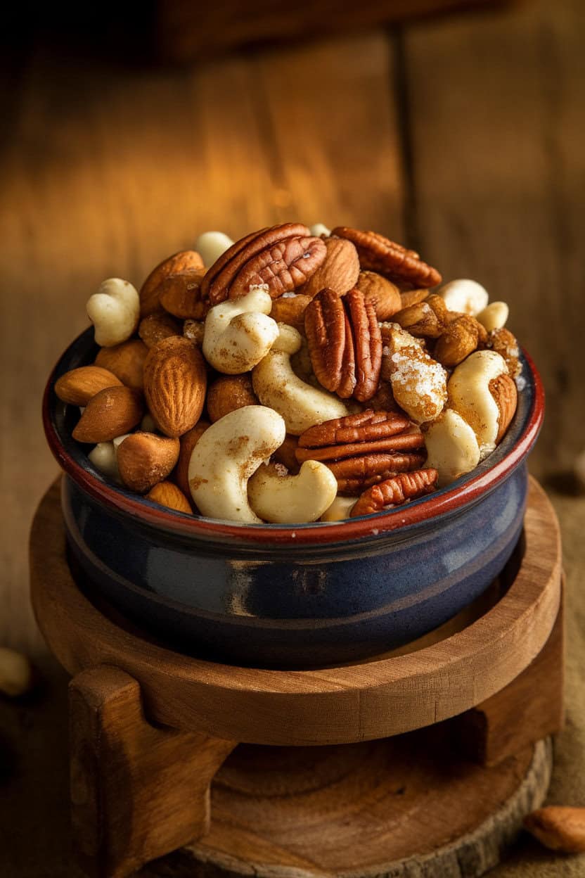 An indoor ceramic bowl of assorted roasted spiced nuts, warm golden tones, no text or logos.