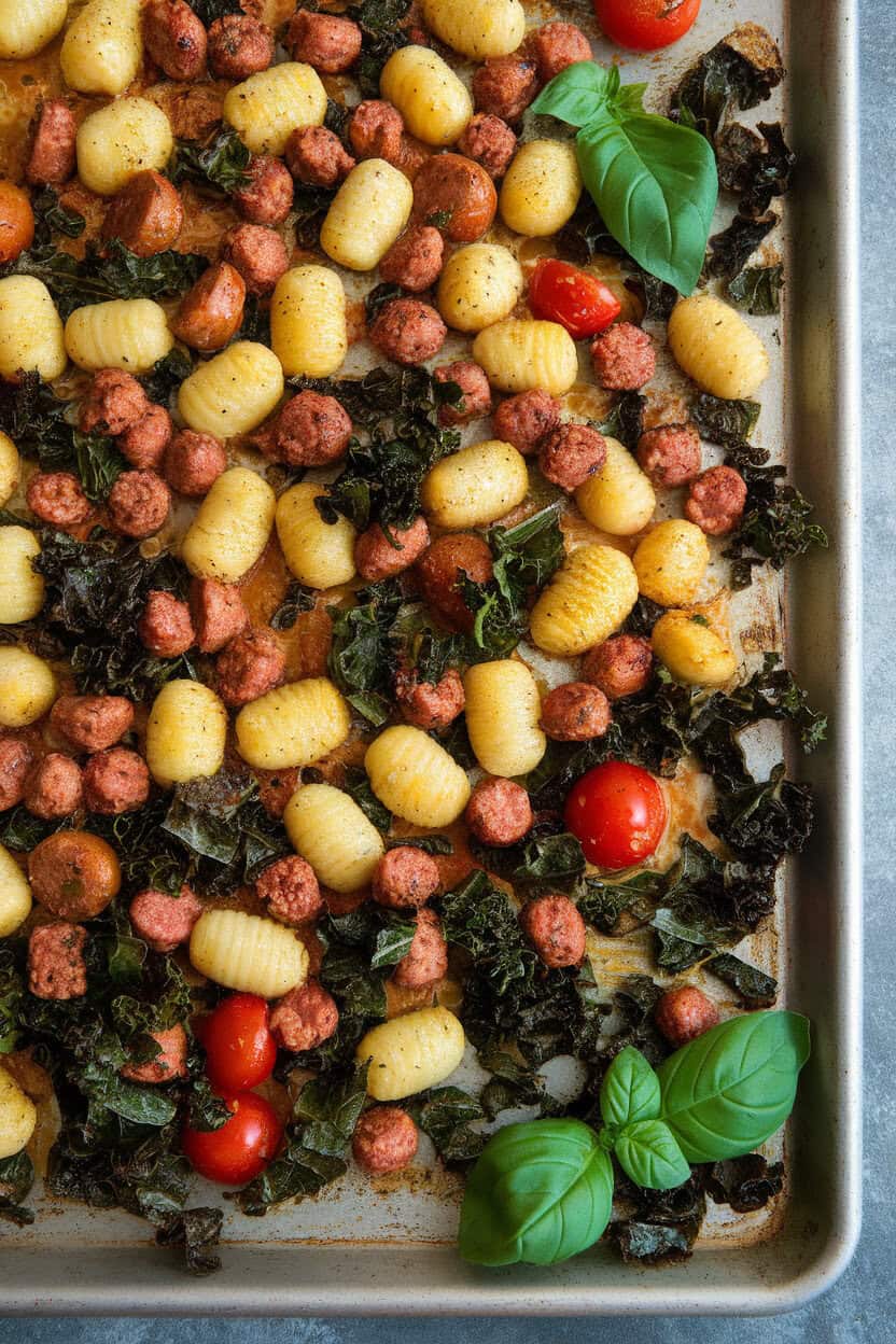An indoor sheet pan holding roasted potato gnocchi, crumbled Italian sausage, and kale ribbons, all lightly charred. No text or logos. Photo, not an illustration.