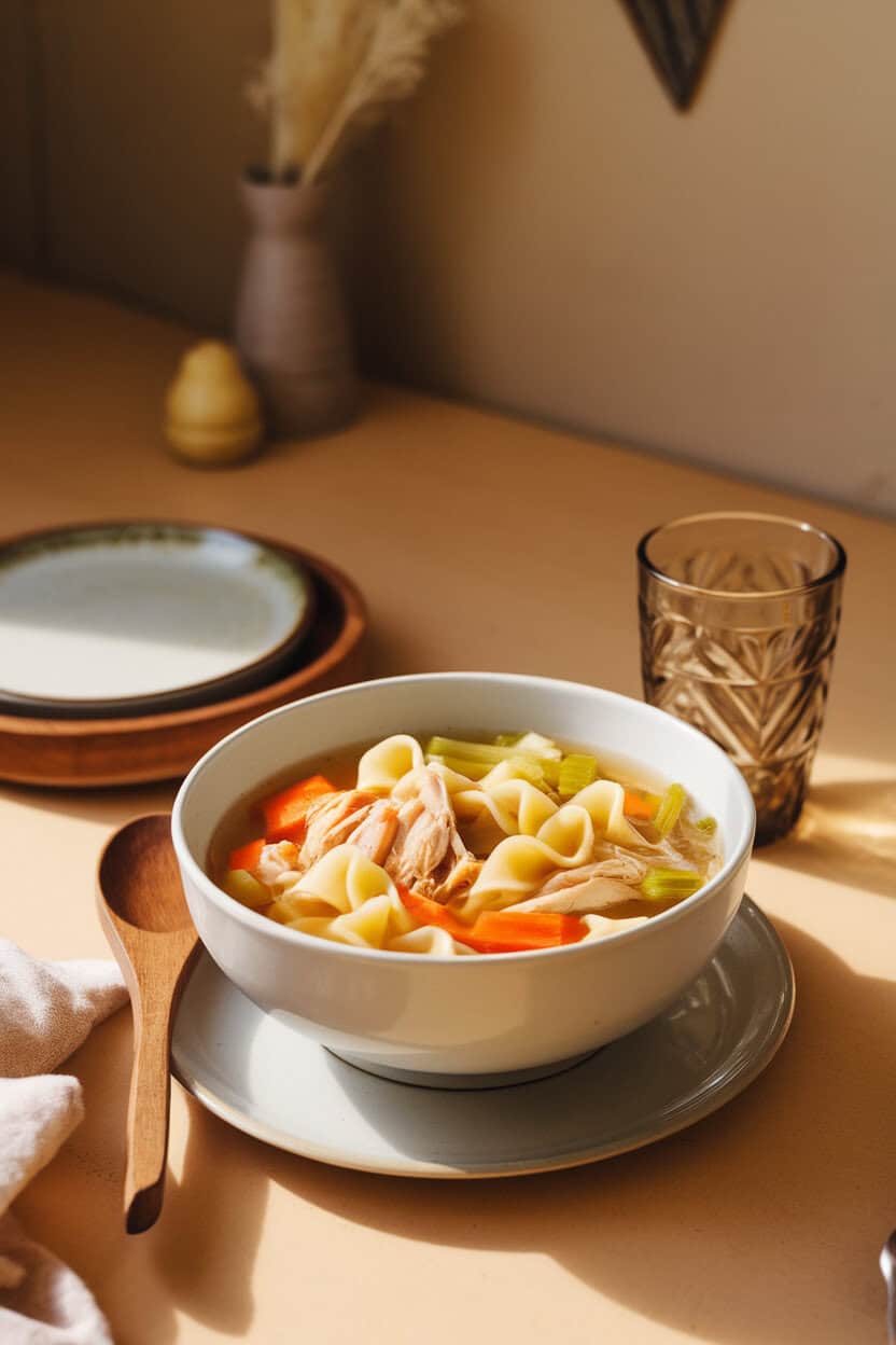 Indoor, softly lit kitchen table with a steaming white bowl of chicken noodle soup—shredded chicken, carrots, celery, and ribbons of egg noodles in clear golden broth. Photo only, no text or logos
