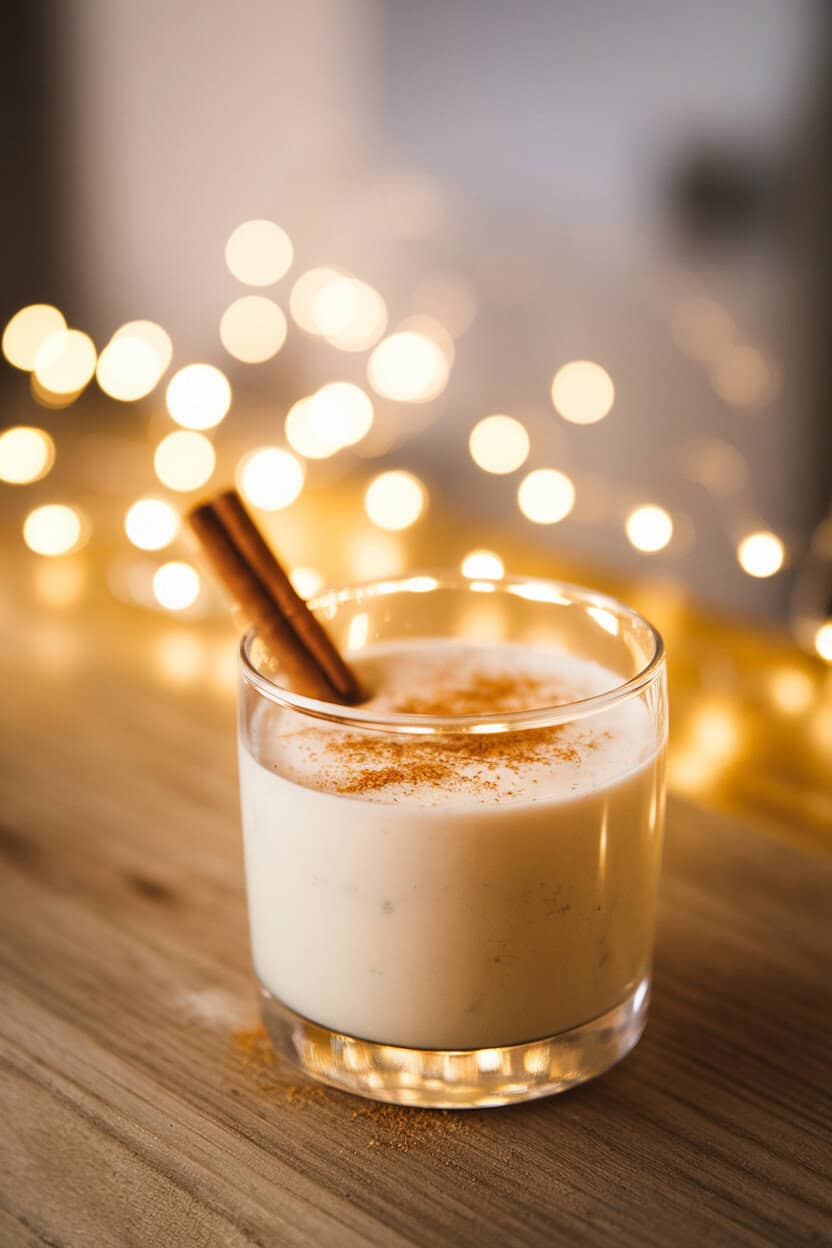 Indoor photo on a wooden bar top featuring a chilled rocks glass of creamy eggnog sprinkled with freshly grated nutmeg, a cinnamon stick resting on the rim; soft golden holiday lights blurred in the background. No text or logos.