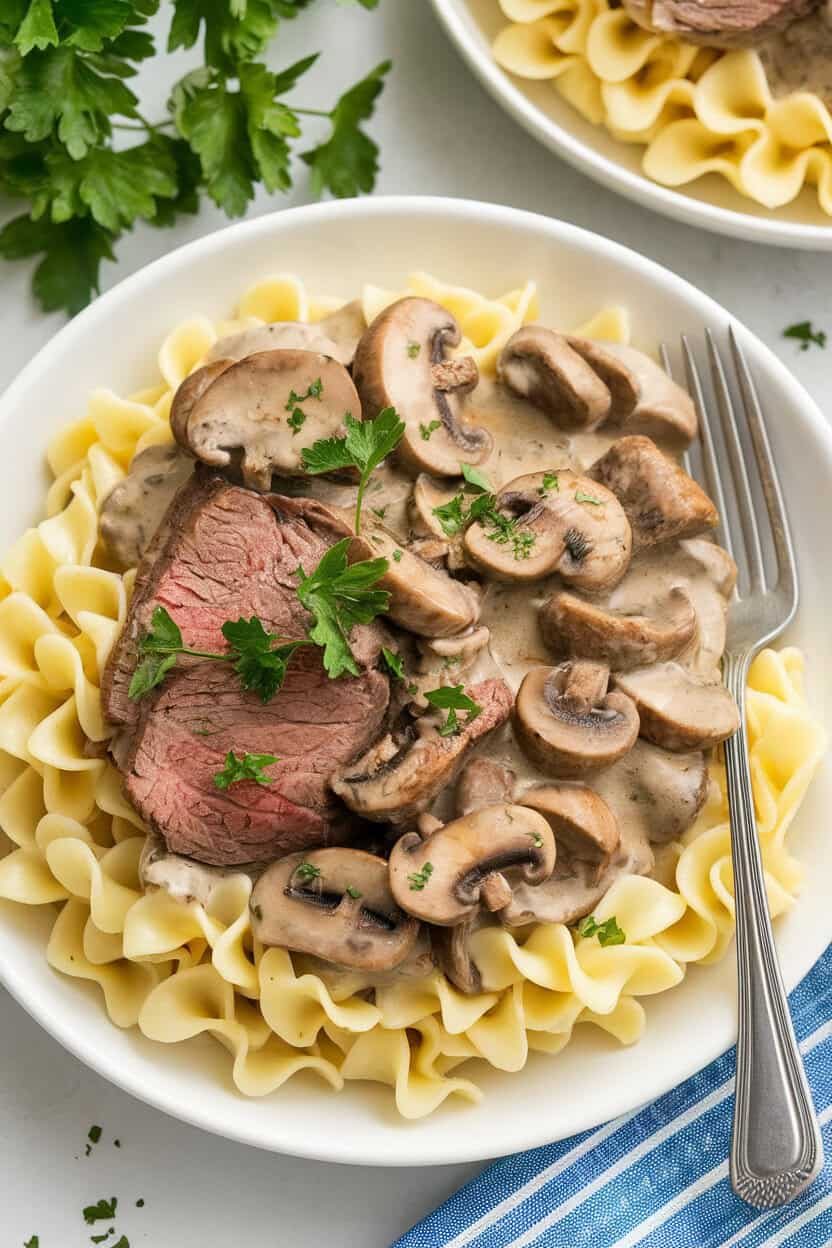 An indoor dinner plate of beef stroganoff—tender beef strips and mushrooms in creamy sauce—served over buttered egg noodles. No text or logos in view. Photo, not illustration.