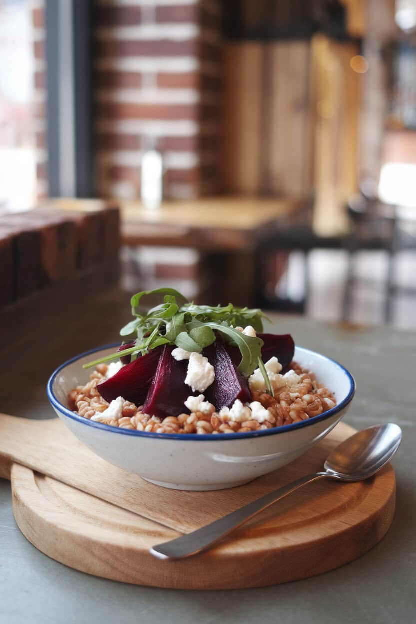 A bowl of farro topped with roasted beet wedges, crumbled goat cheese, and arugula, served on an indoor café table. No text or logos; photo, not illustration.