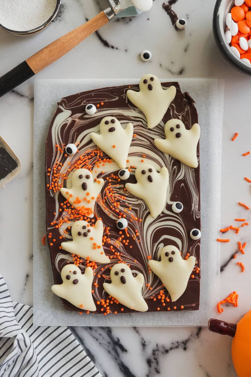 An indoor marble counter displaying shards of dark chocolate bark swirled with white chocolate ghosts and sprinkled with candy eyes and orange jimmies. No text or logos.