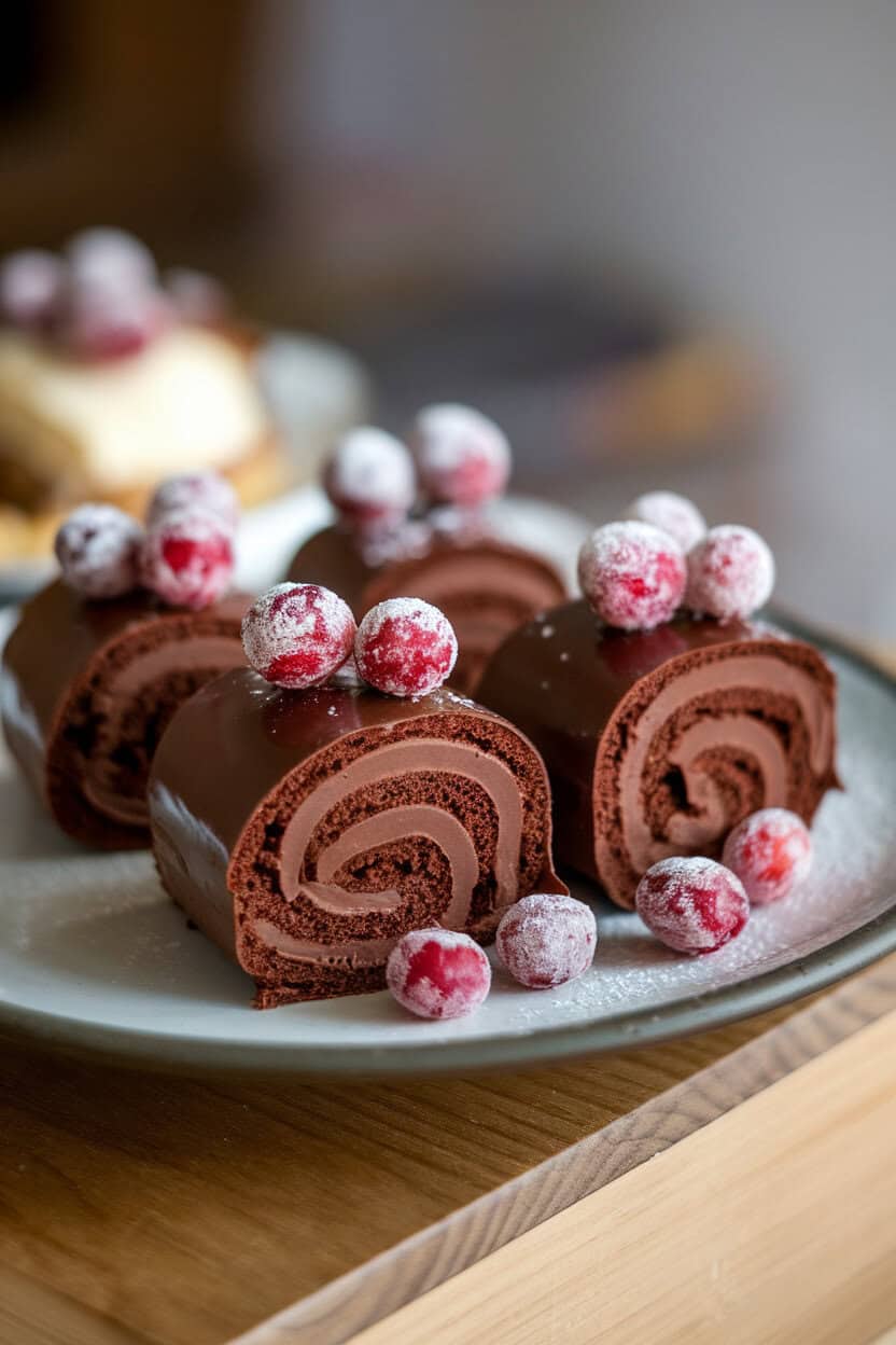 Individual chocolate sponge rolls coated in ganache and decorated with sugared cranberries on an indoor dessert plate. No text or logos. Photo, not illustration.