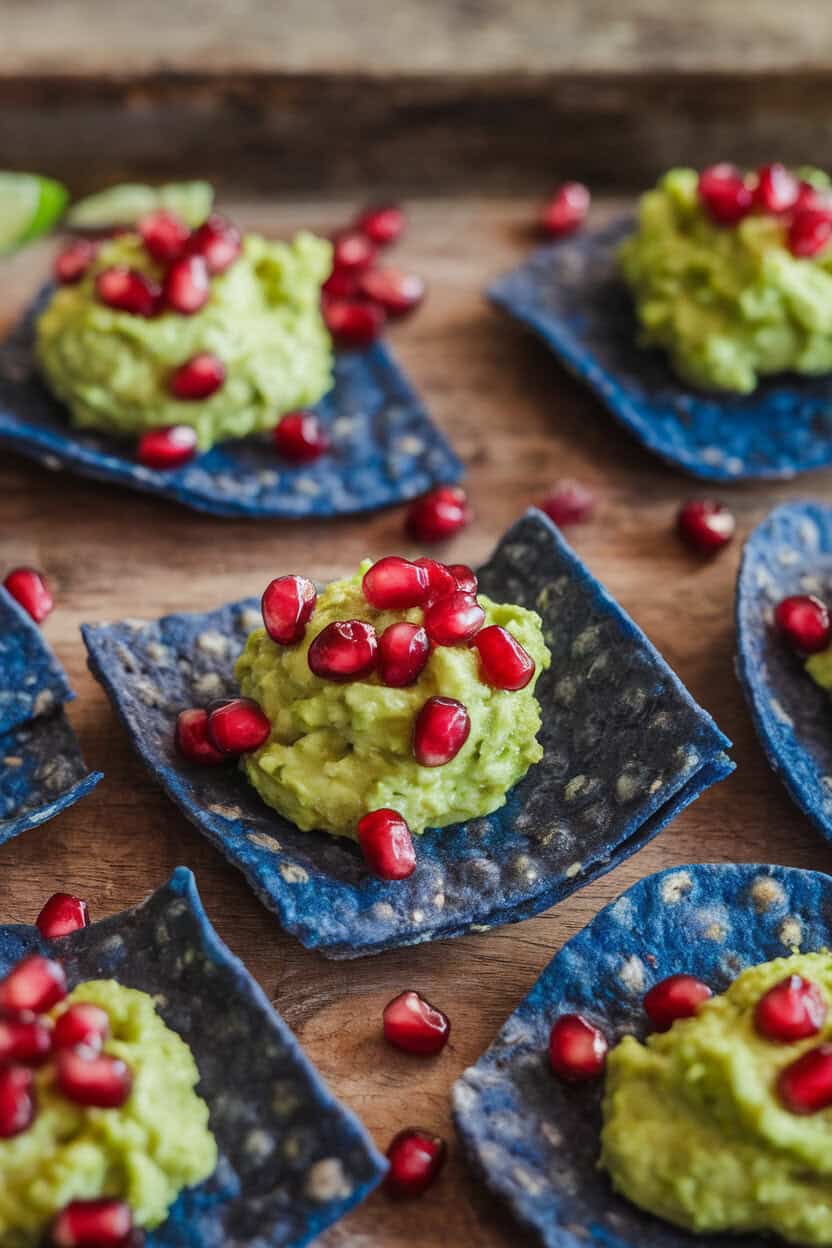 Photo of blue corn tortilla chips indoors each topped with a spoonful of guacamole and scattered pomegranate arils; close-up focus, no text or logos